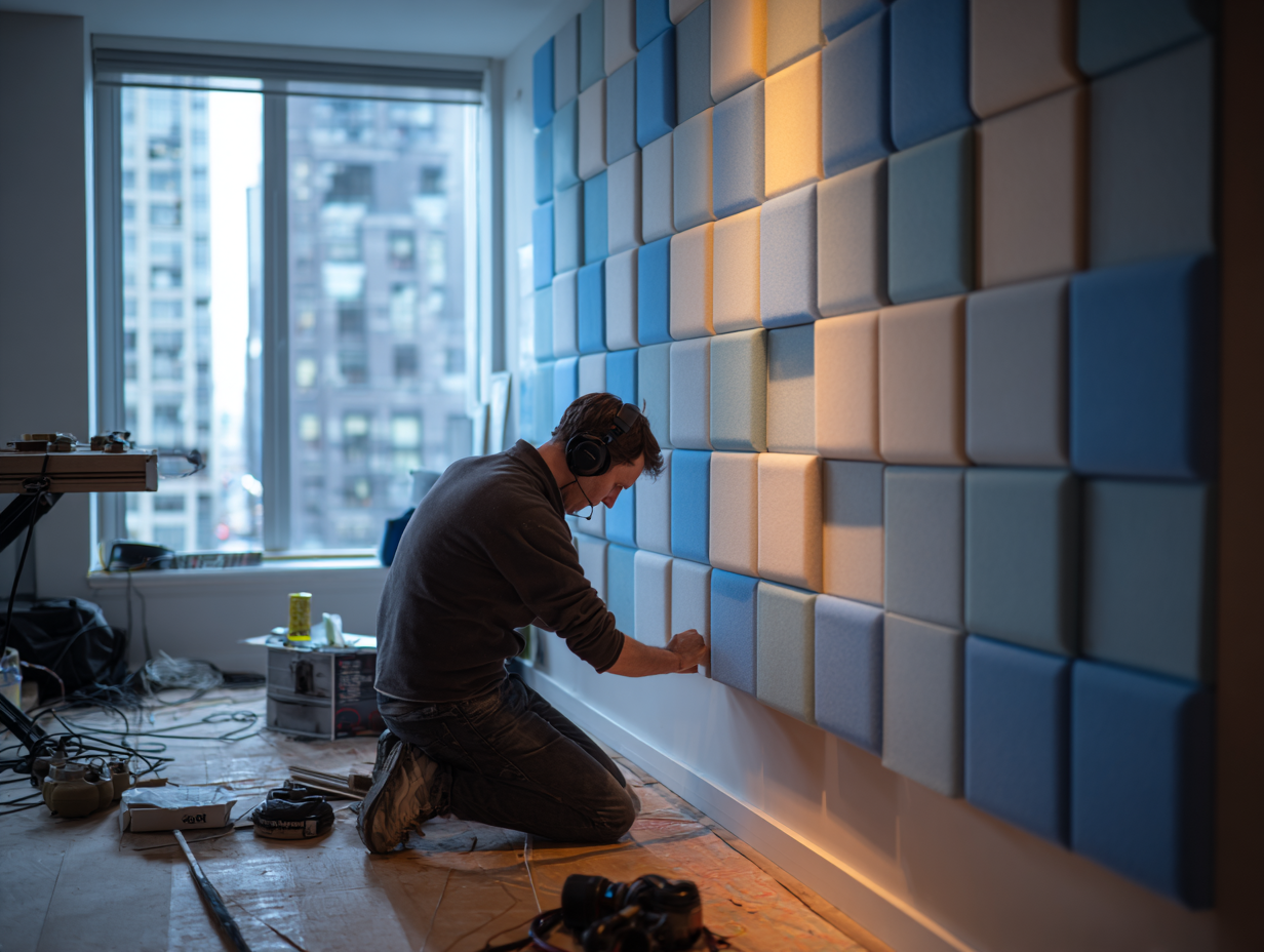 Man installing blue and gray acoustic panels on a wall in a modern room
